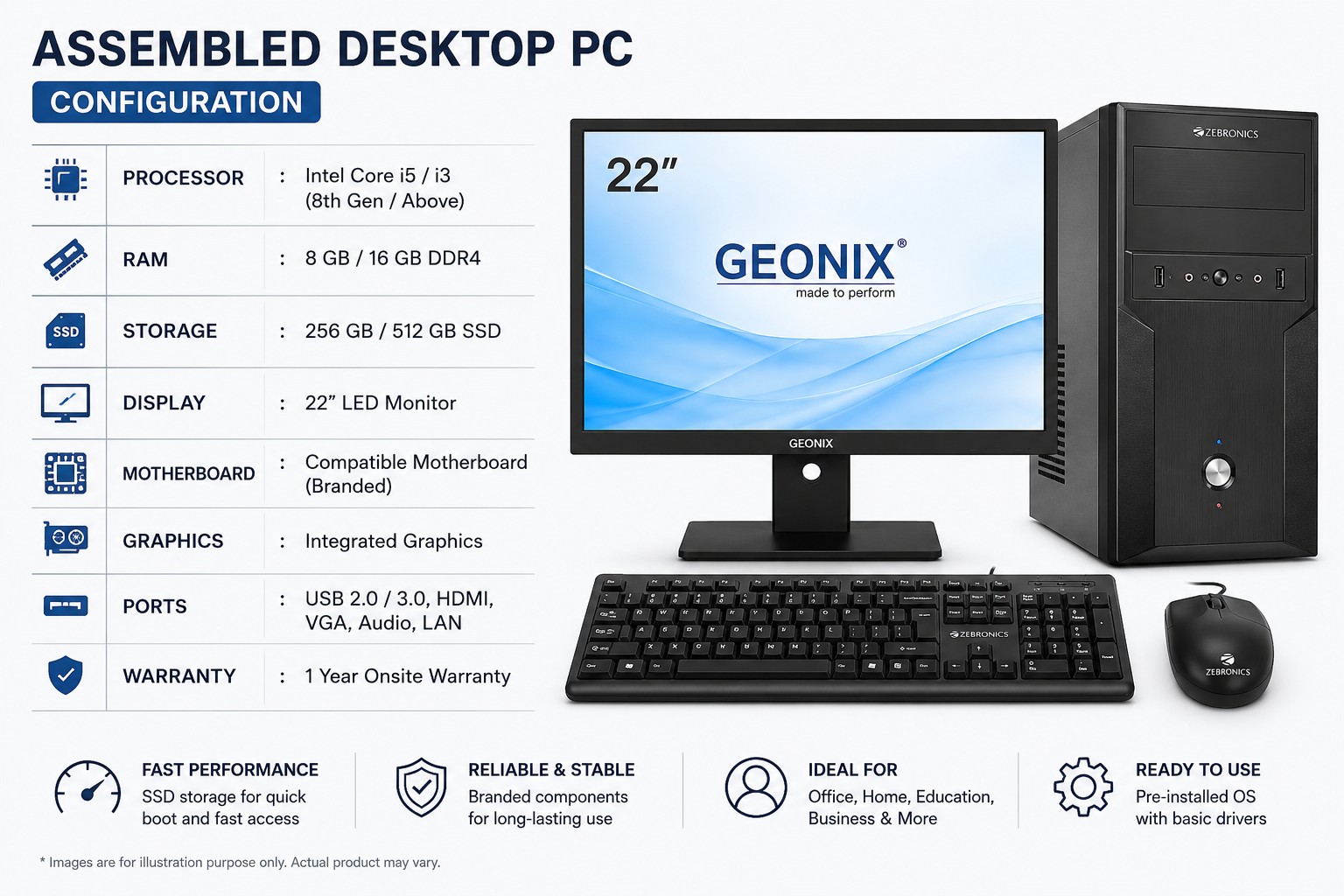 Desktop PC – Intel Core i3  8th Gen | 8GB RAM | 256 SSD | 22" Monitor
