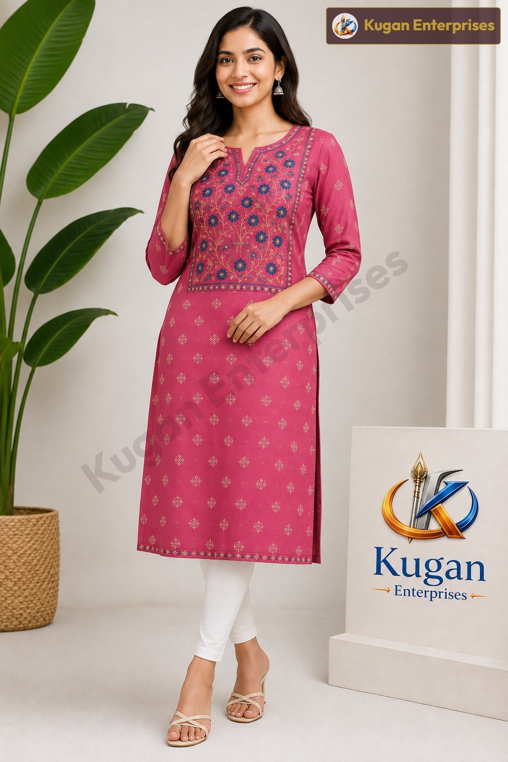 Women's Embroidered Straight Kurti – Magenta with Blue Floral Embroidery