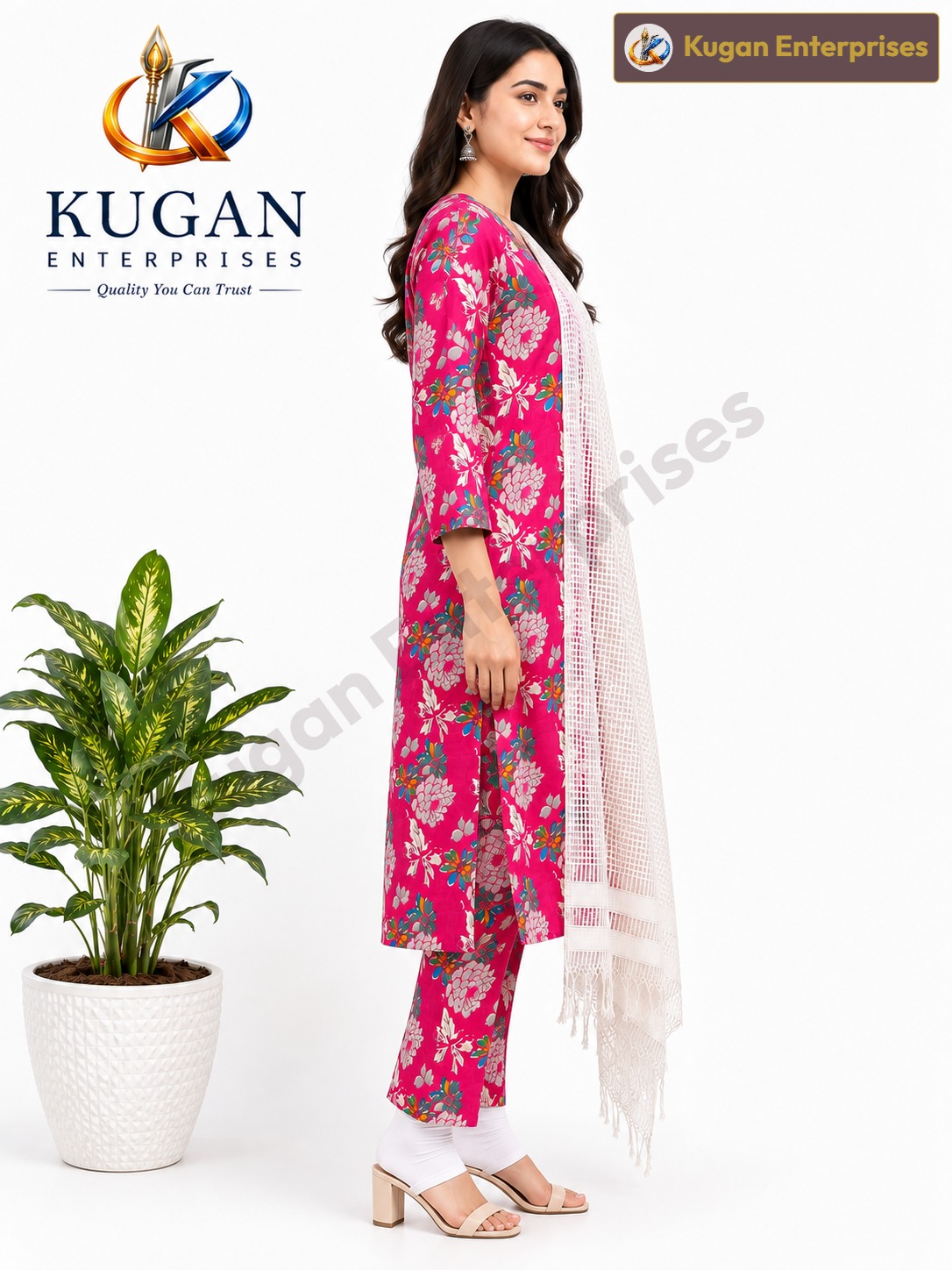 Women's Pink Floral Printed Kurta Set with Printed Pants & White Net Dupatta