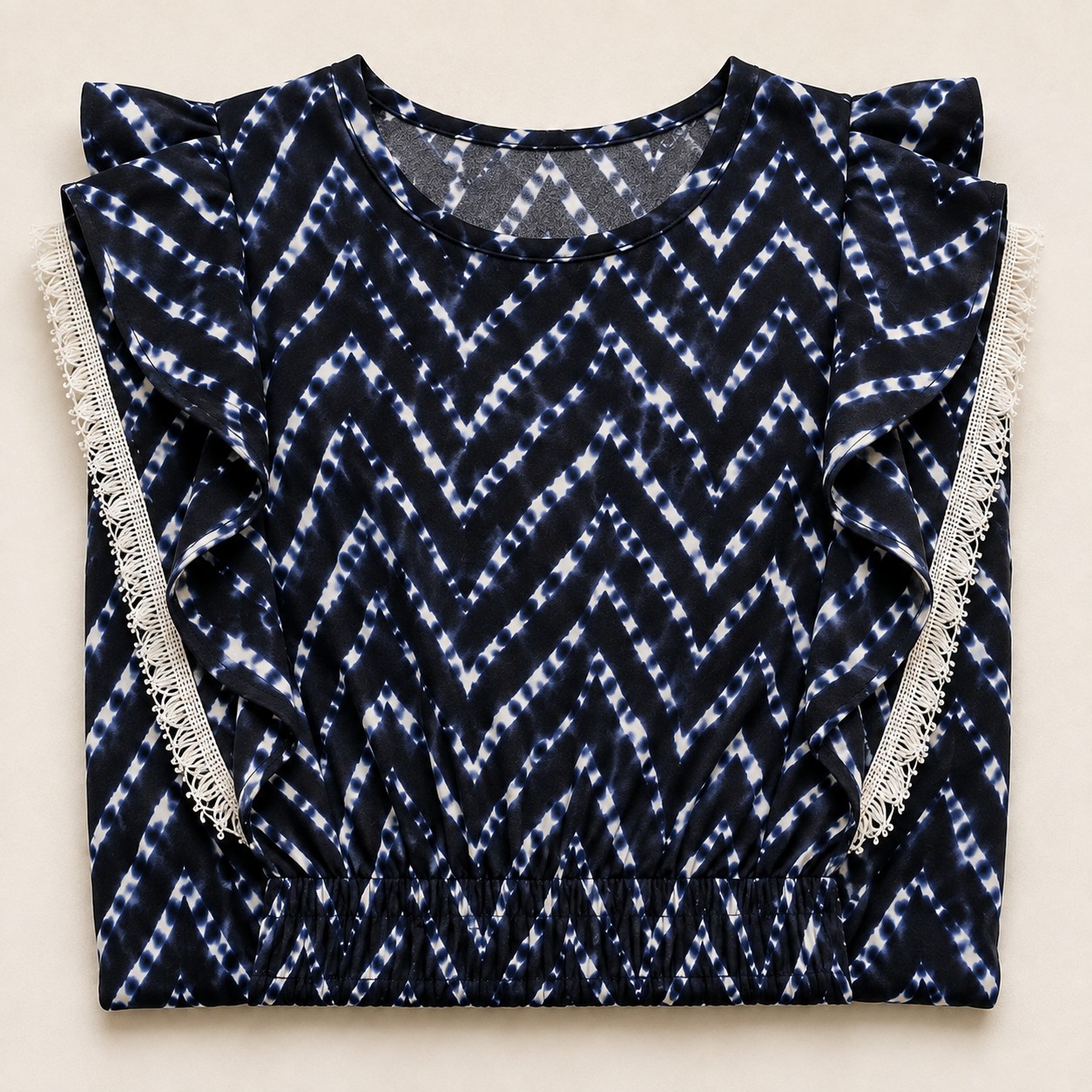 Women’s Navy Blue & White Chevron Printed Top with Fringe Detail – Stylish Casual Wear