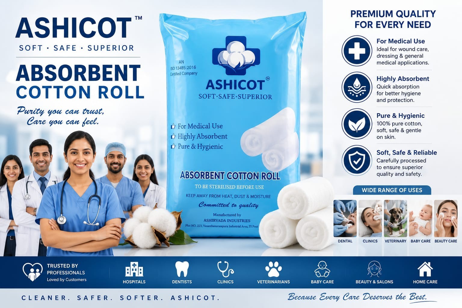 ASHICOT Absorbent Cotton Roll 15gm for Medical Use – 100% Pure, Soft & Non-Sterile for First Aid, Wound Dressing, Baby Cleaning, Clinics