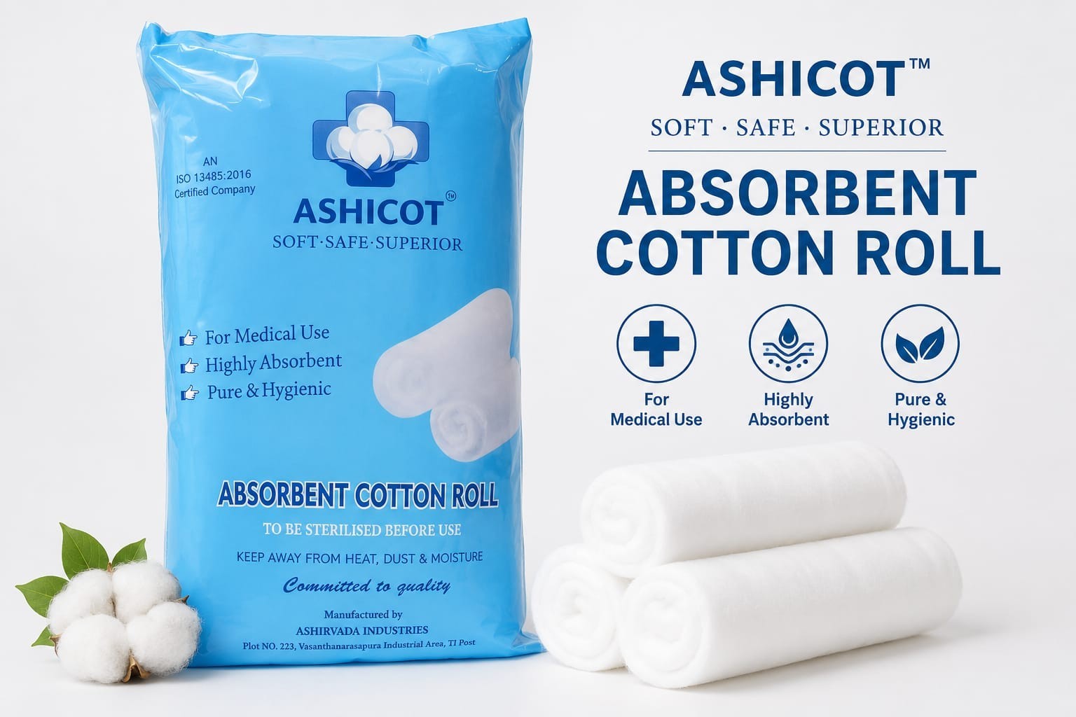 ASHICOT Absorbent Cotton Roll 50gm for Medical Use – 100% Pure, Soft & Non-Sterile for First Aid, Wound Dressing, Baby Cleaning, Clinics