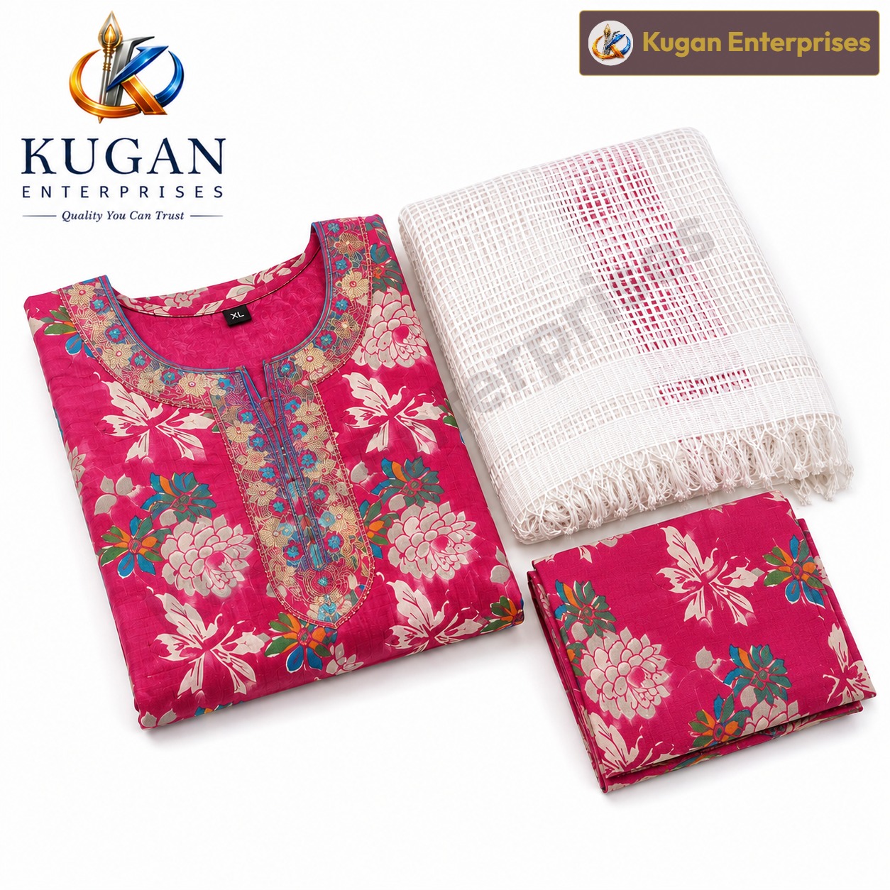 Women's Pink Floral Printed Kurta Set with Printed Pants & White Net Dupatta