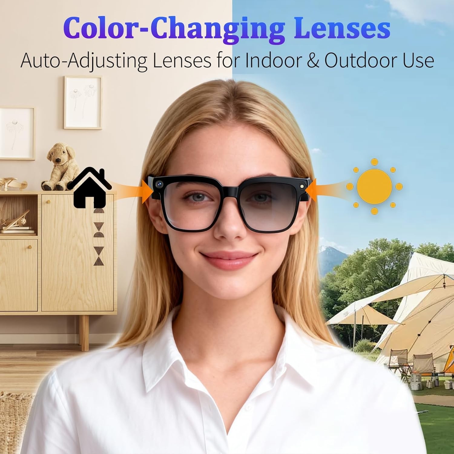 AI Smart Glasses with Camera and Bluetooth, 1080P HD Recording Glasses, Smart Translation Glasses, Real-time Translation, Suitable for Travel, Sports, and vlogging.