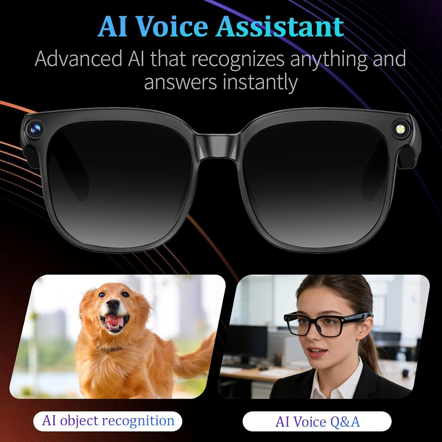 AI Smart Glasses with Camera and Bluetooth, 1080P HD Recording Glasses, Smart Translation Glasses, Real-time Translation, Suitable for Travel, Sports, and vlogging.