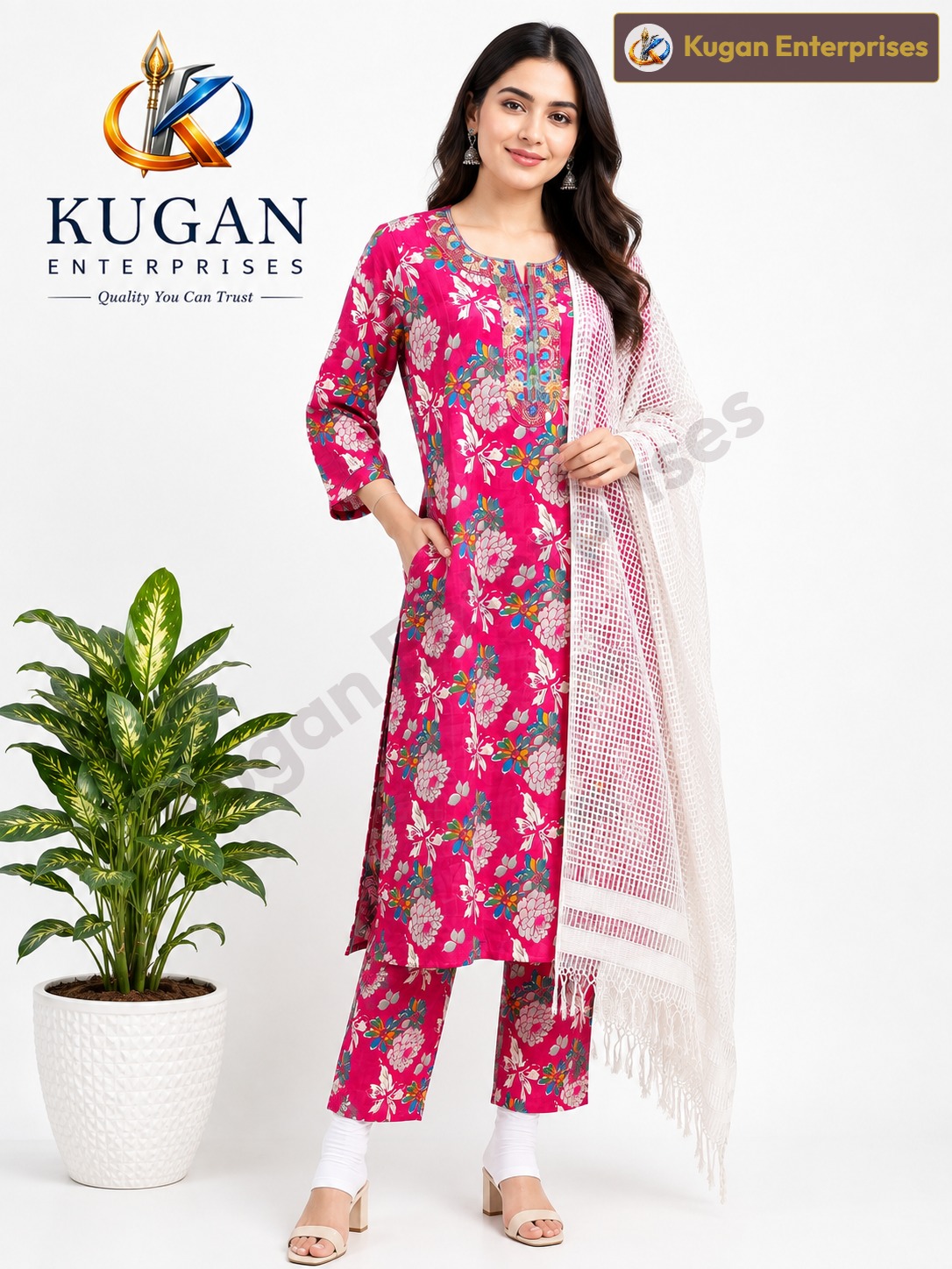 Women's Pink Floral Printed Kurta Set with Printed Pants & White Net Dupatta