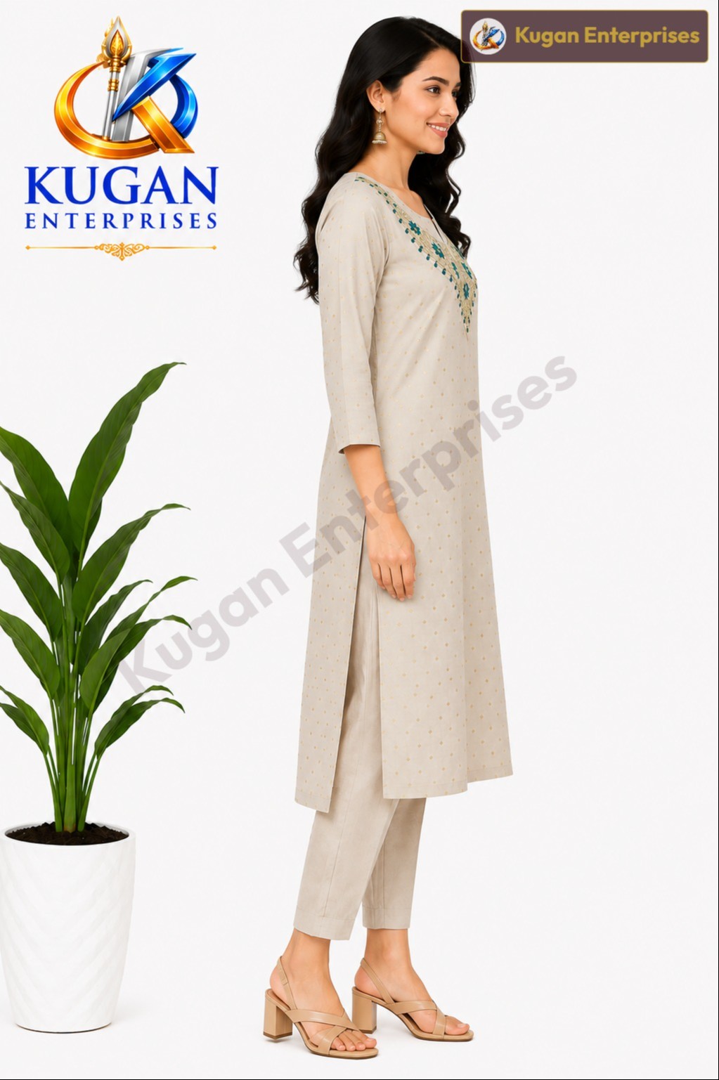 Women's Cream Embroidered Straight Kurta with Pant Set
