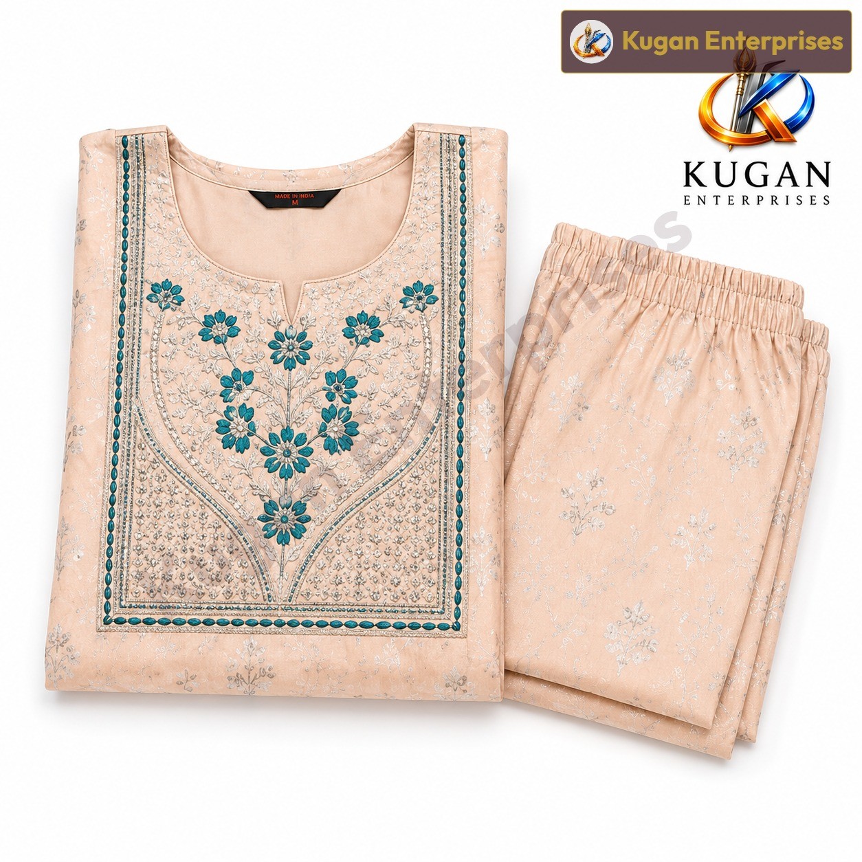 Peach Floral Embroidered Straight Kurta with Matching Pant