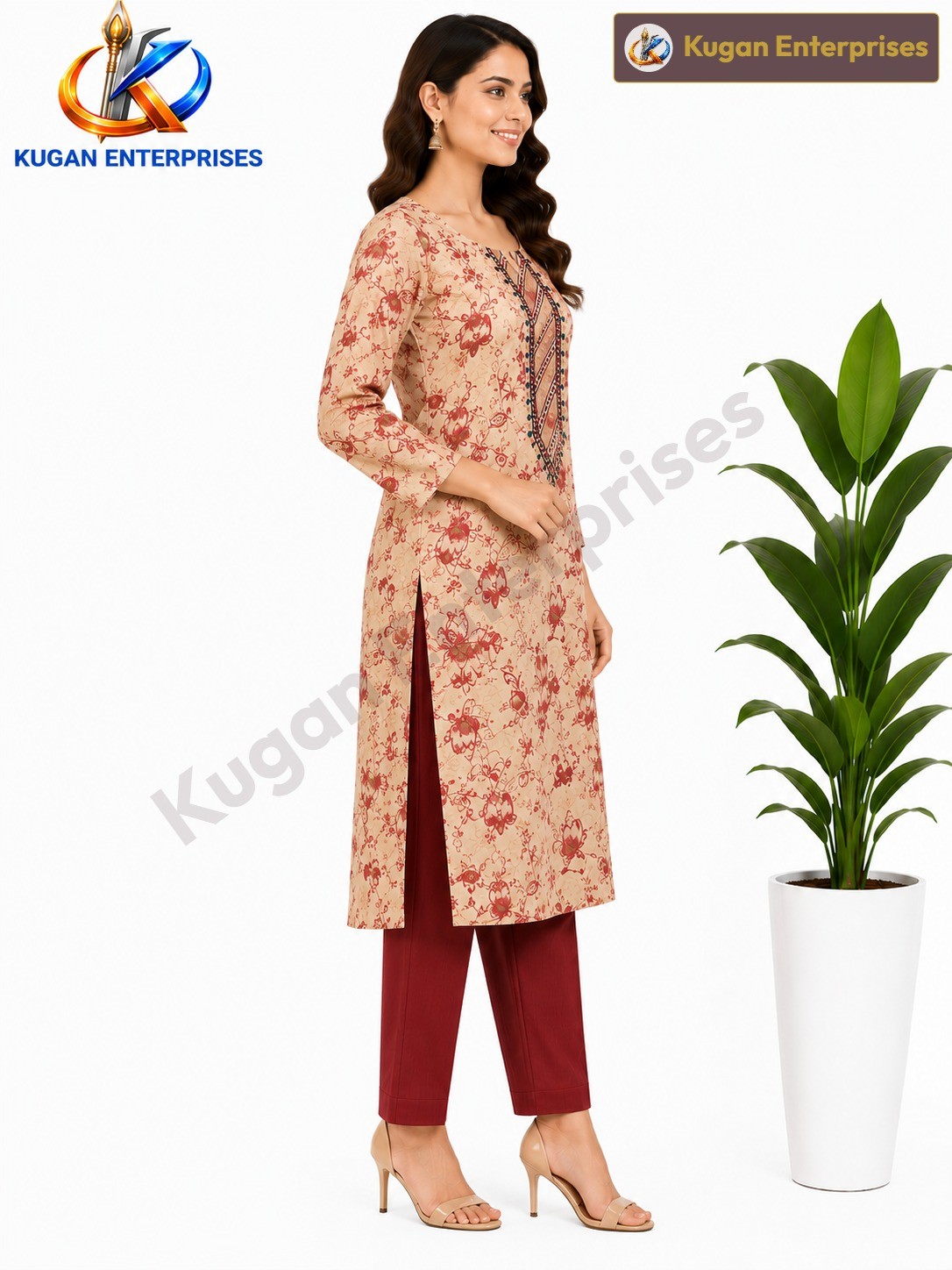 Women's Beige Floral Printed Embroidered Kurta Set with Printed Straight Pant & Organza Dupatta