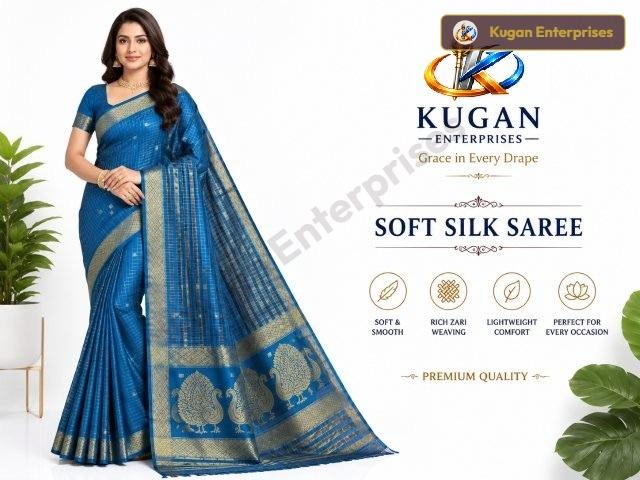 Premium Soft Silk Saree – Rama Blue with Gold Zari Peacock Border
