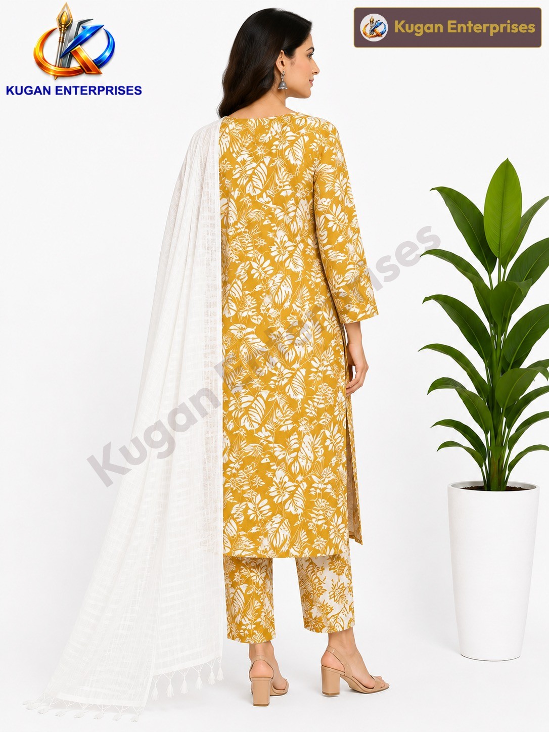 Mustard Floral Embroidered Kurta Set with Printed Pant & White Dupatta