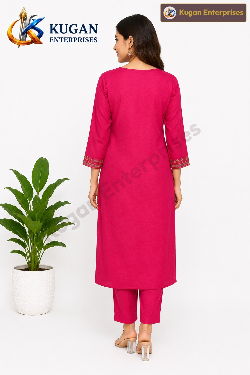 Premium Fuchsia Floral Embroidered Kurta with Matching Pant Set