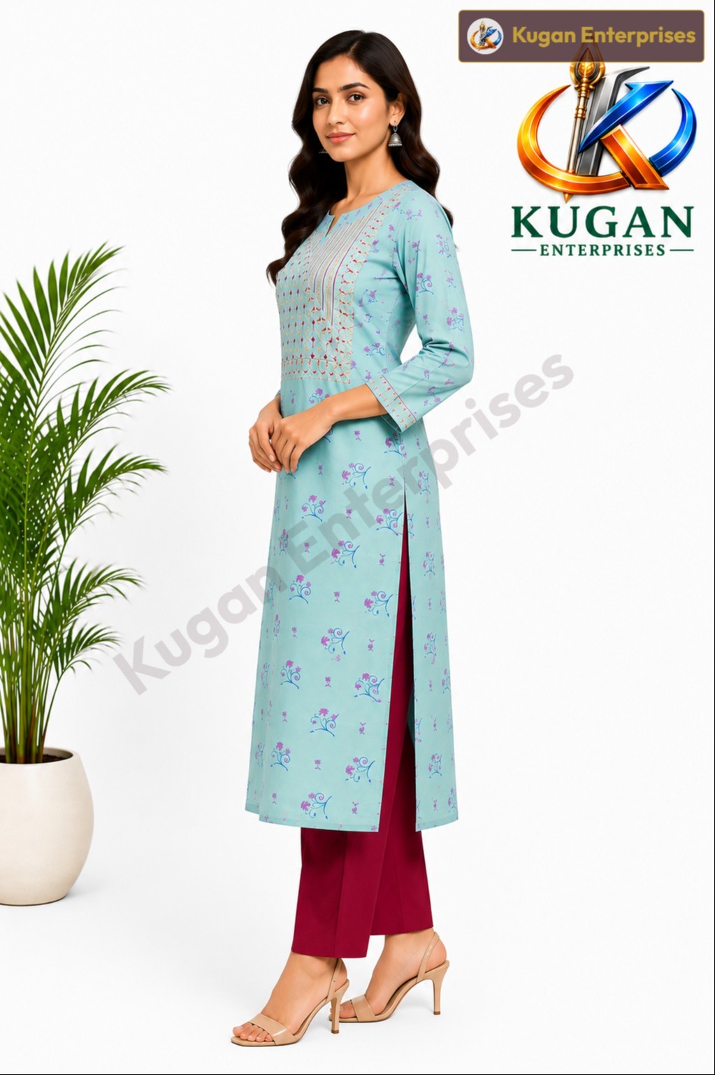 Mint Blue Printed Embroidered Straight Rayon Kurta