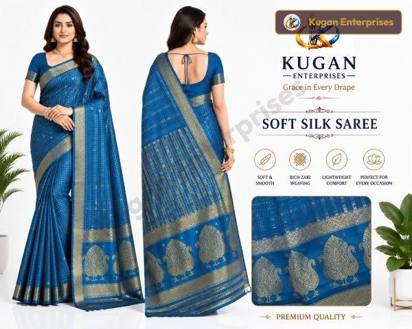 Premium Soft Silk Saree – Rama Blue with Gold Zari Peacock Border