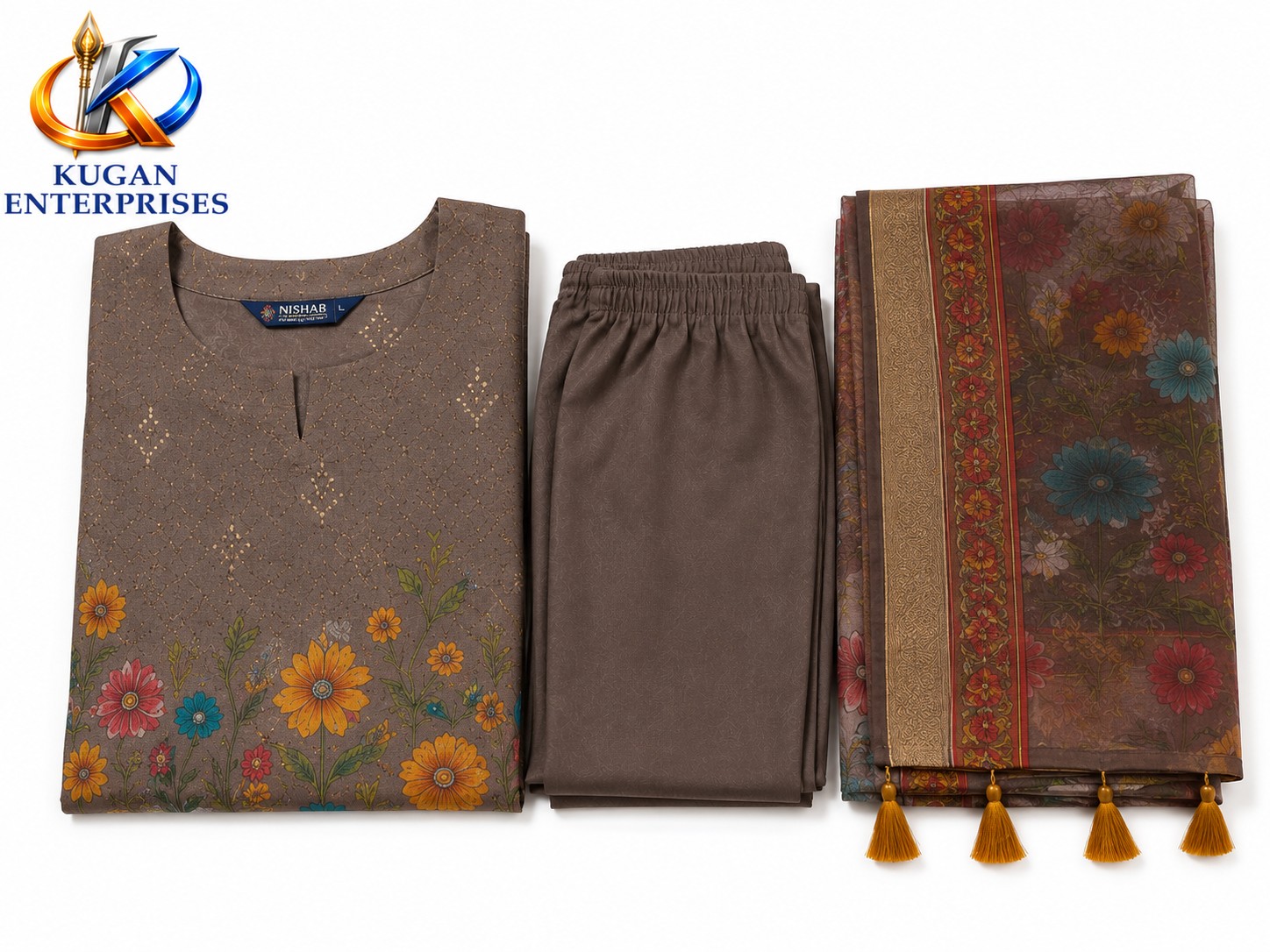 Taupe Floral Designer Kurta Set with Organza Dupatta