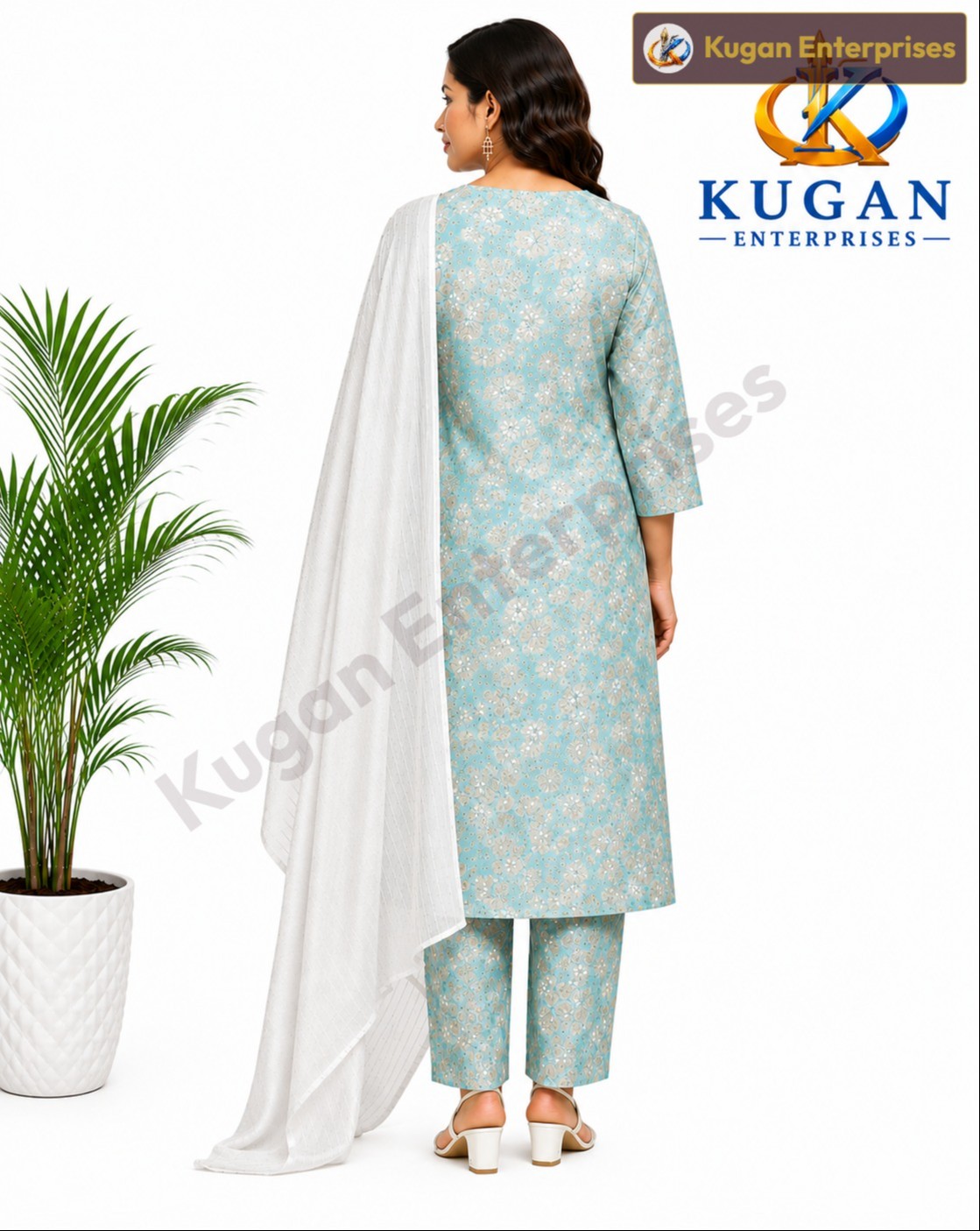 Aqua Bloom Embroidered Kurta Pant Dupatta Set