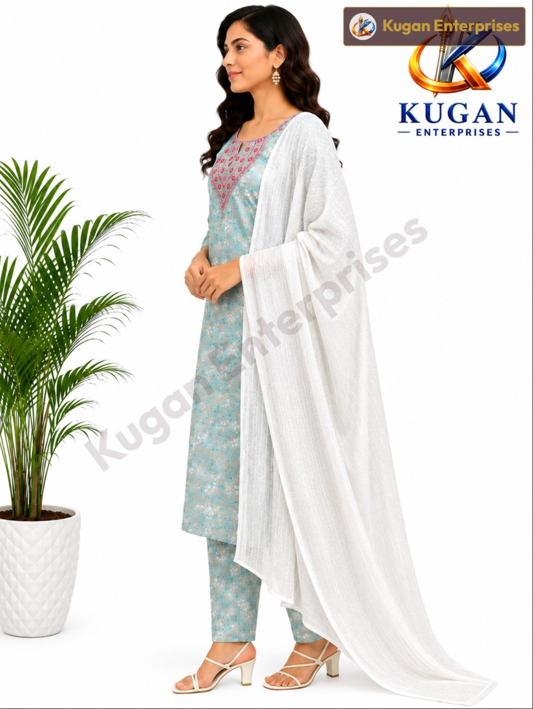 Aqua Bloom Embroidered Kurta Pant Dupatta Set