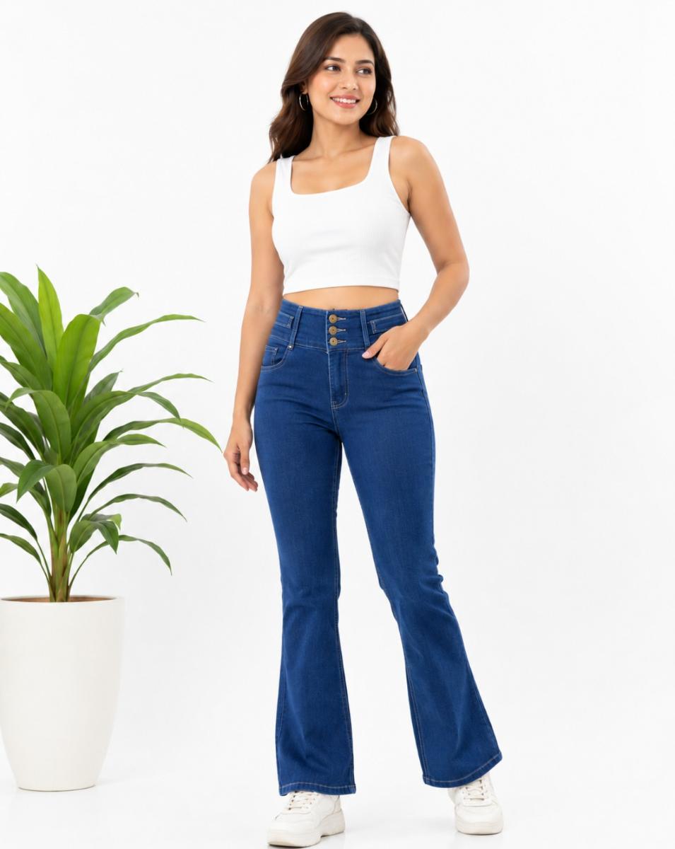 Women's Premium High-Waist 3 Golden Button Flared Stretch Jeans | Hip Comfort Fit | Dark Blue