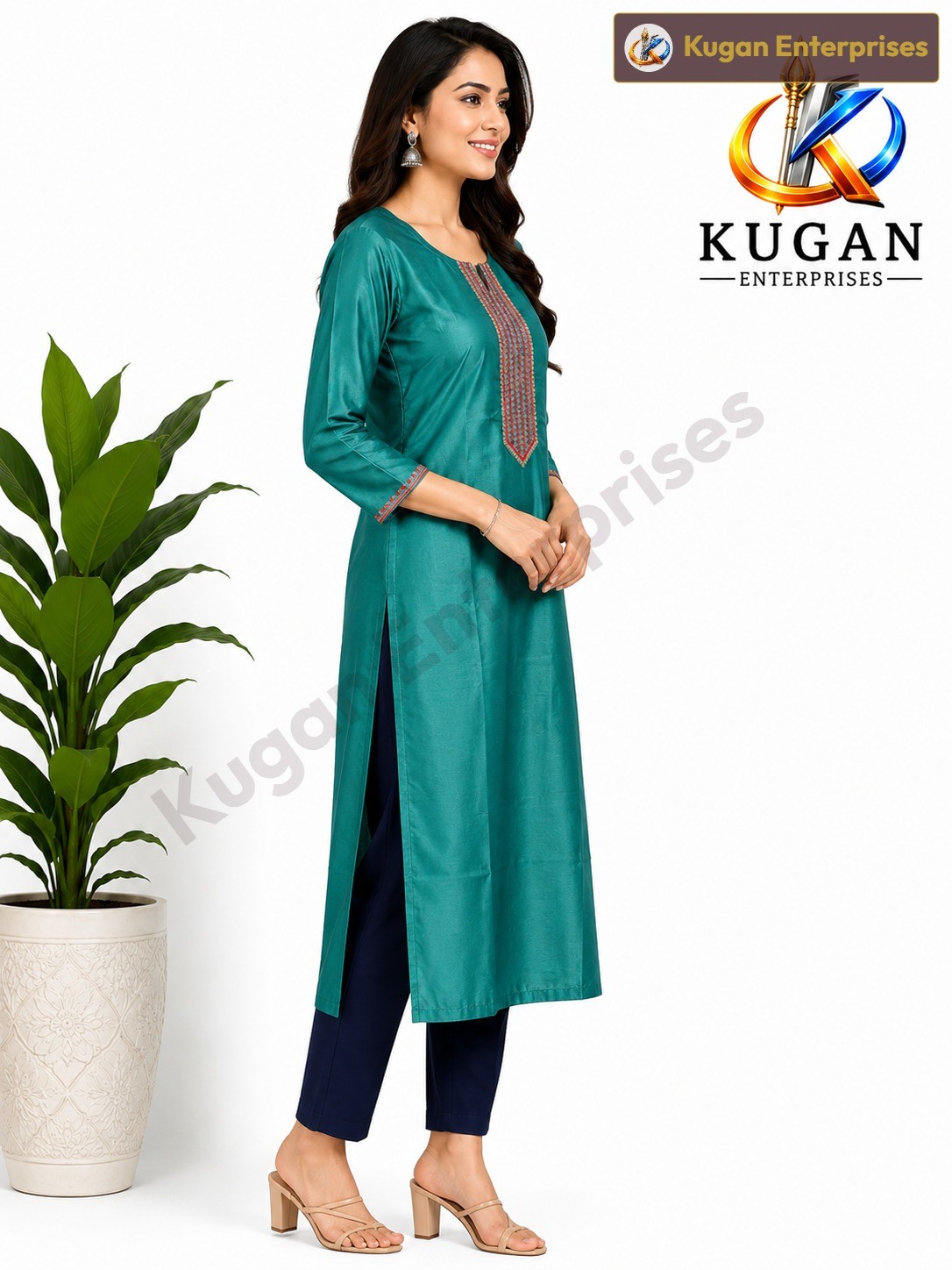 Teal Elegance Embroidered Silk Cotton Kurta