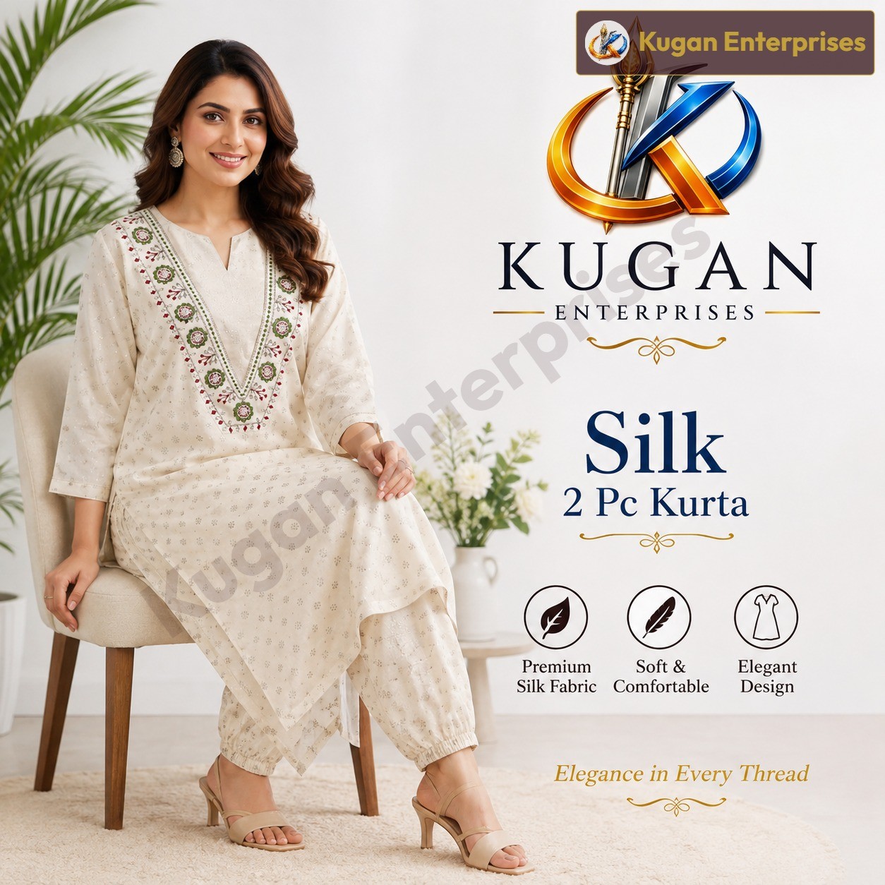 Premium Ivory Floral Embroidered Kurta with Matching Pant Set