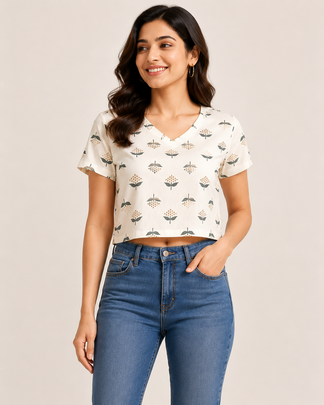 Floral Print V-Neck Crop Top for Women