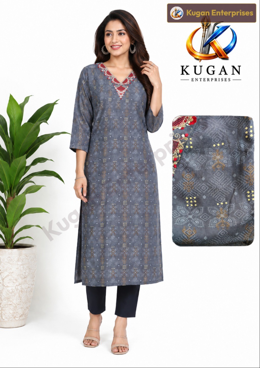 Grey Geometric Embroidered Women’s Kurta