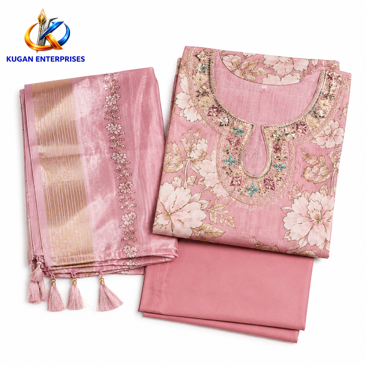 Dusty Pink Floral Embroidered Kurta Pant & Dupatta Set