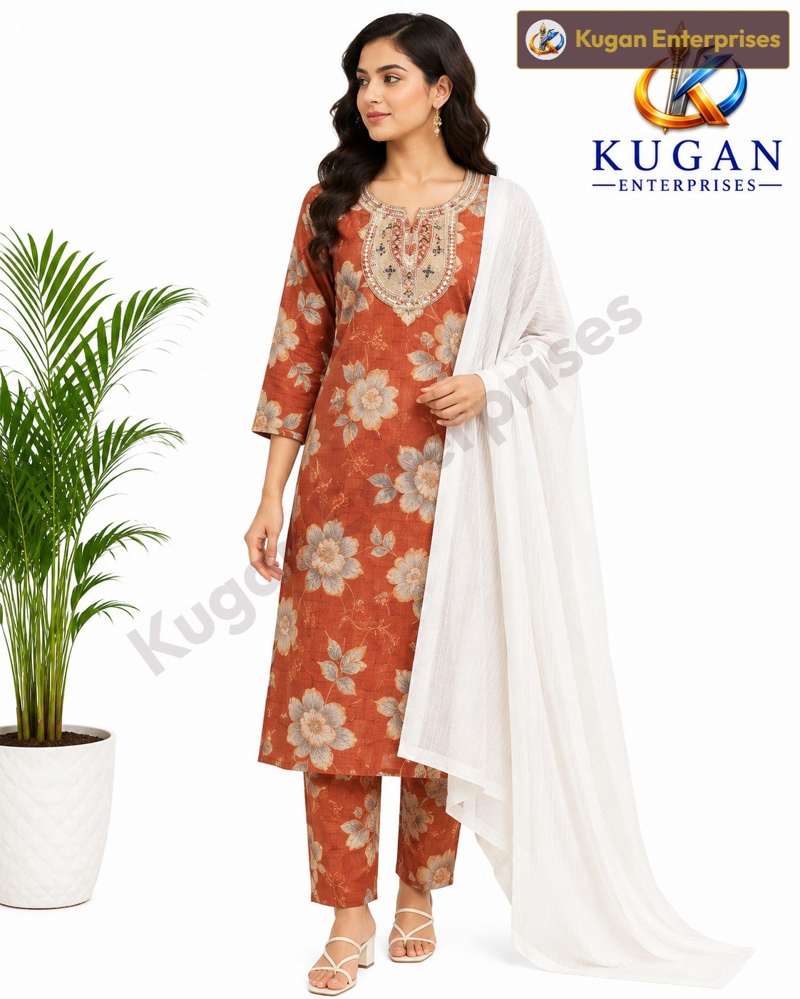 Rust Blossom Embroidered Kurta Pant Dupatta Set